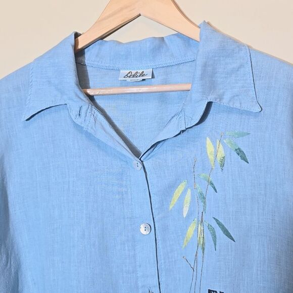 Odile Linen Blue Button Up Top Asian Artsy Size M Asymmetric Lagenlook - Picture 5 of 16